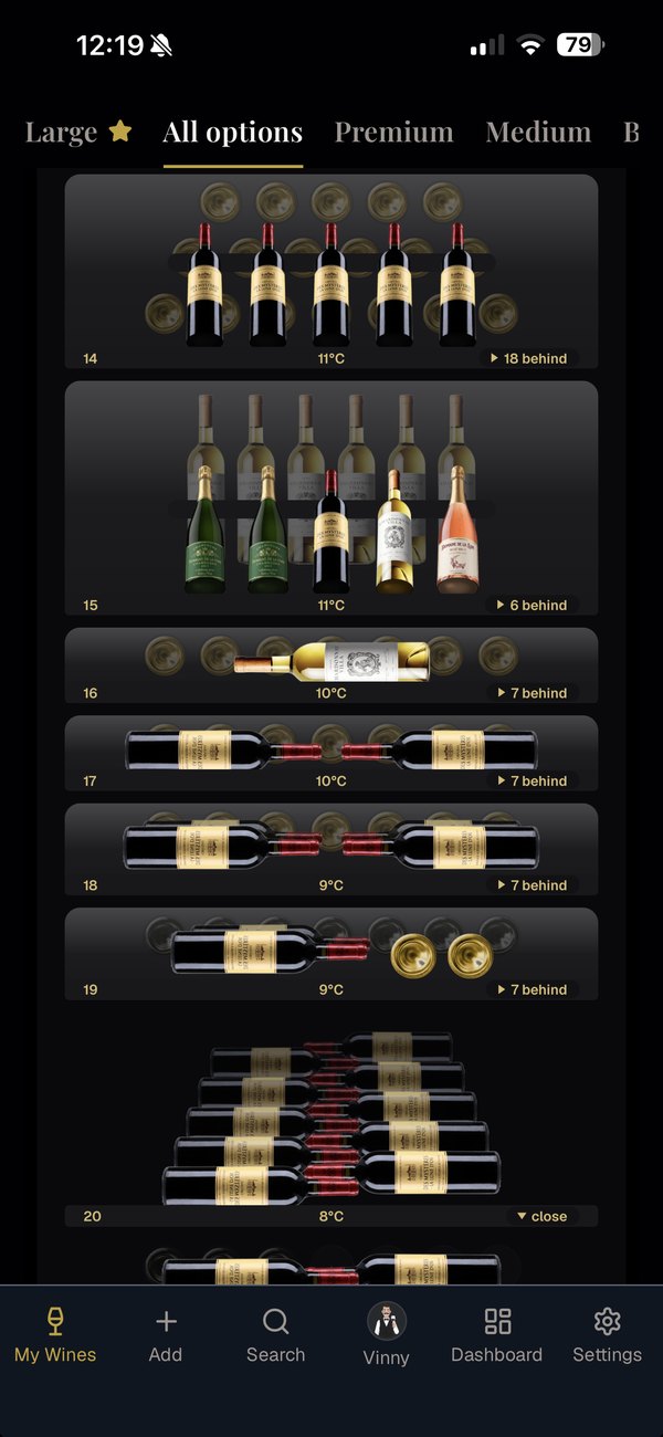 A WineWorx wine fridge showing bottles on numbered shelves