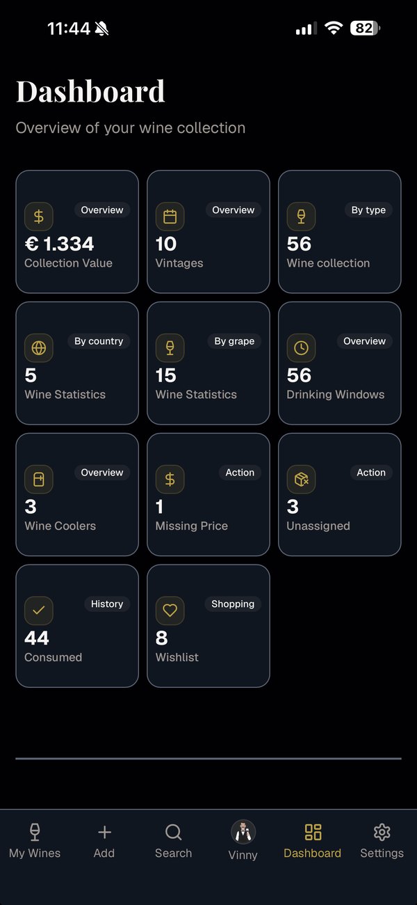 A dashboard with collection value, vintages and drinking windows