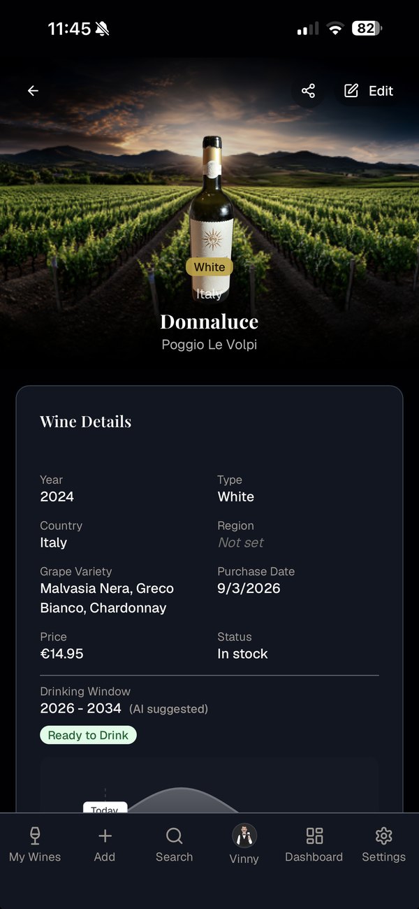 A wine detail page with an AI drinking window